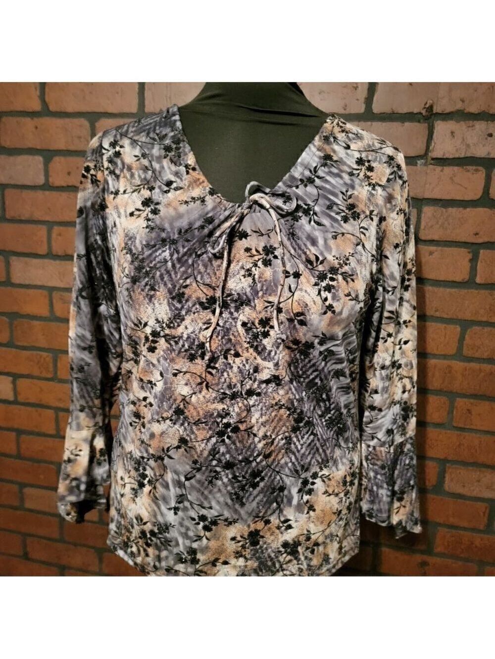 Carol Rose flocked velvet design, Black/brown/gray 3/4 bell flair sleeve Size LG